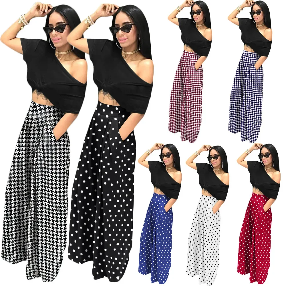 Women Wide Leg Pant Long Pants Casual Loose Print Plaid High Waist Houndstooth Elegant Straight Streetwear Trousers Capris