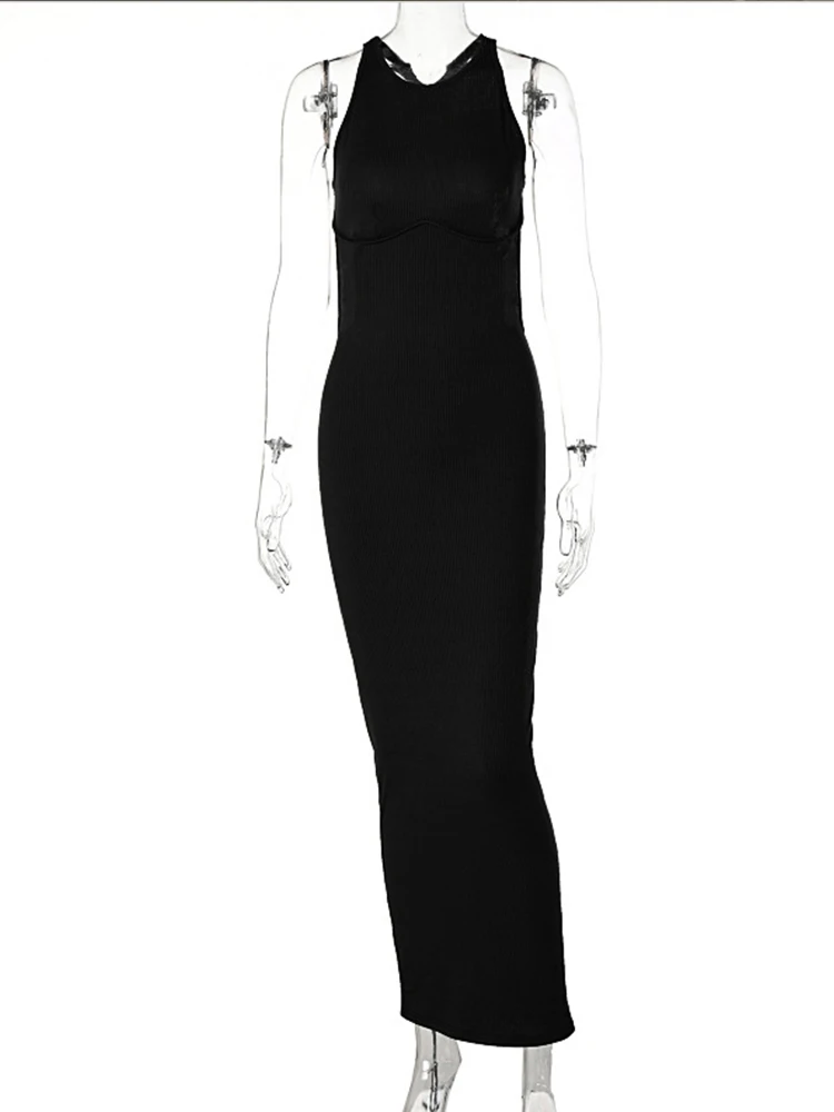 

Summer women's elegant party set Y2K ribbed solid color hollow out backless sleeveless sexy slim mini dress