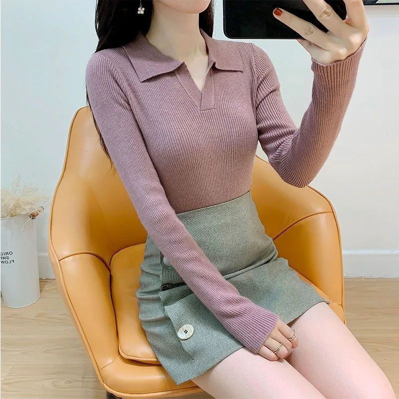Xpqbb Sweaters for Women Vintage Brown Turndown Collar Knitted Sweater Pullover Female Autumn New Thicken All-match Knit Jumpers