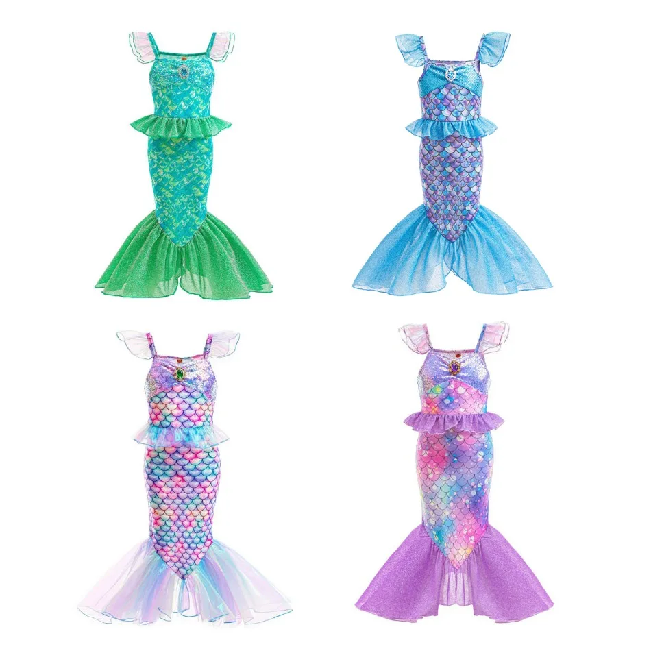 Girls Little Mermaid Ariel Costume Dress Scale Print Tulle Hem Mermaid Tail Dress for Birthday Party Beach Wear Swimming Dress