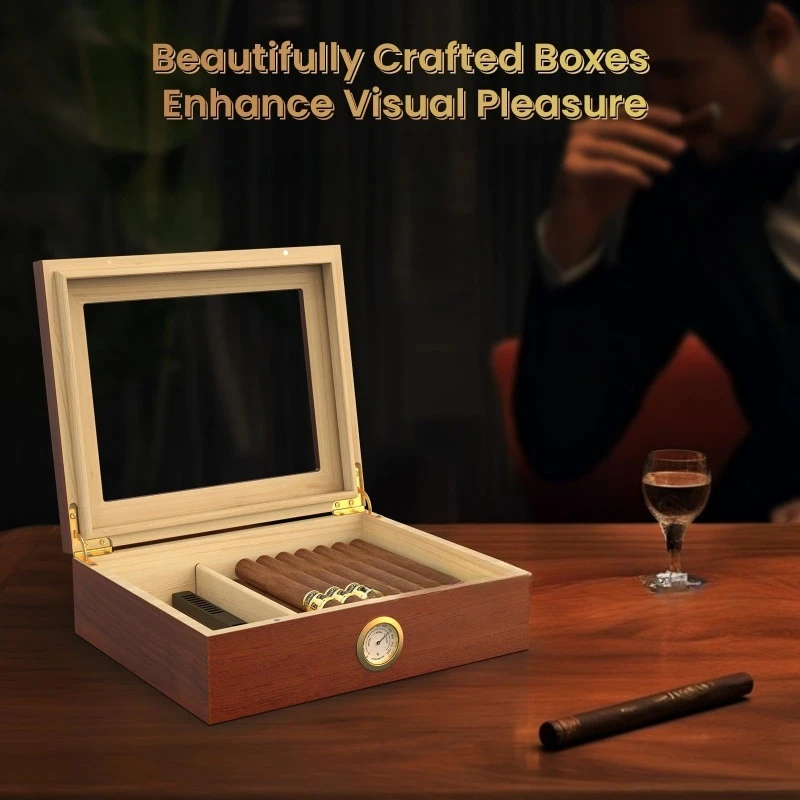 Cigar Humidor Box Cigar Case with Humidifier and Hygrometer, Cedar Wood Cigar Box with Divider, Cigar Gifts Accessories for Men view 4