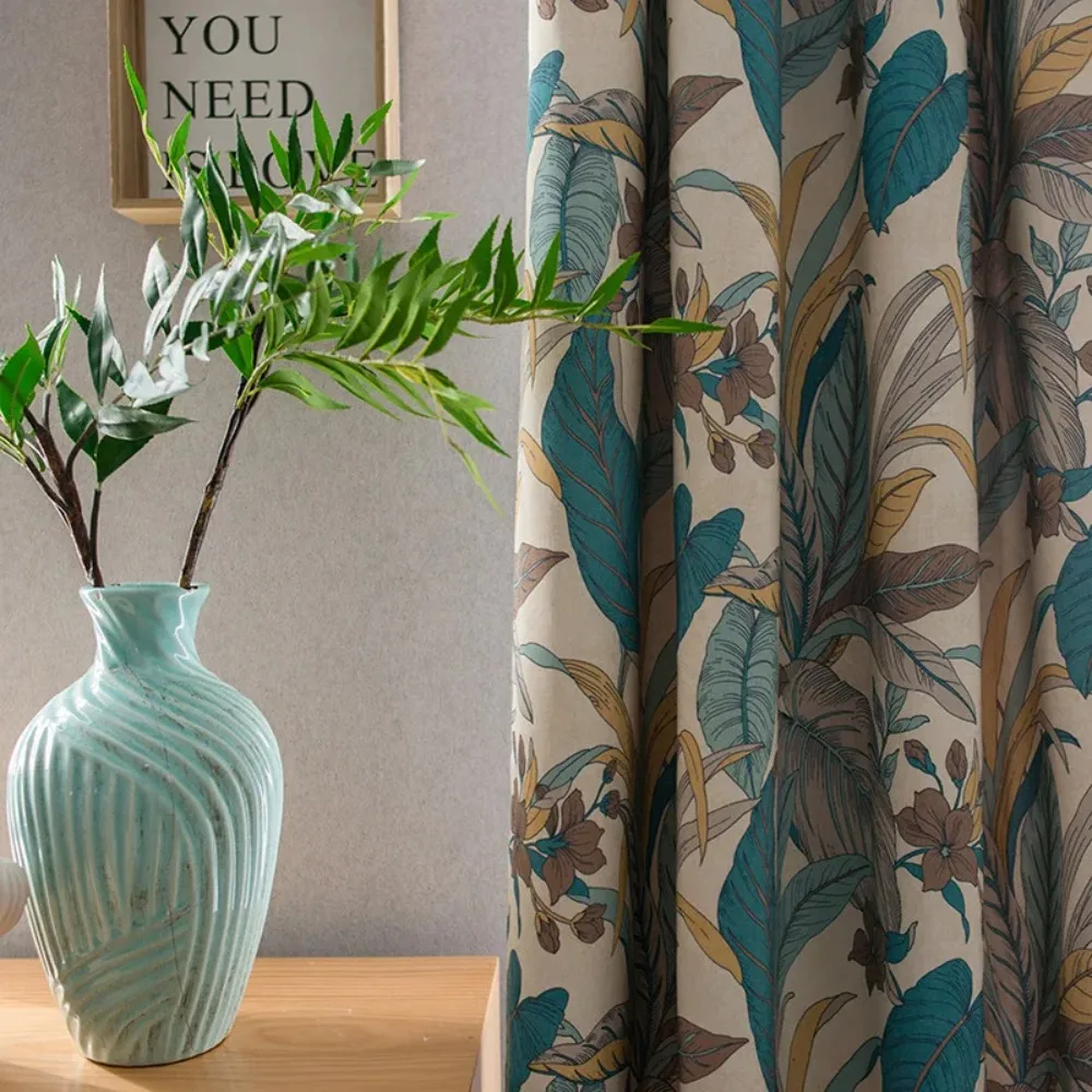 New Chinese Style Curtains for Living Room Cotton Linen Printed Cortina Banana Leaf Embroidered Tulle Curtain Blackout Curtains