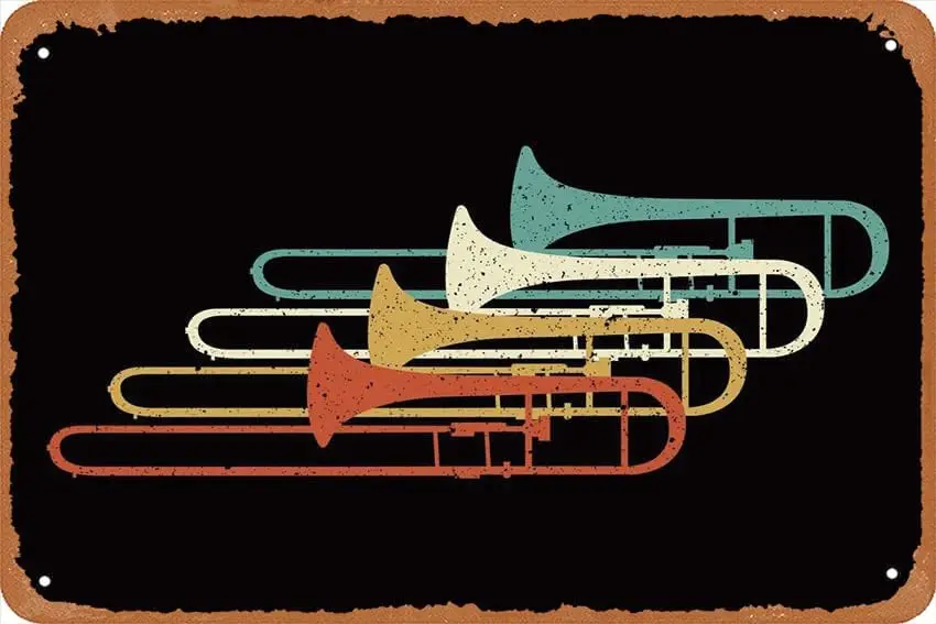 Retro Trombone Vintage Marching Band Trombone Retro Metal Tin Sign Retro Wall Decor Vintage Kitchen Baking Tin Sign for Hom sign