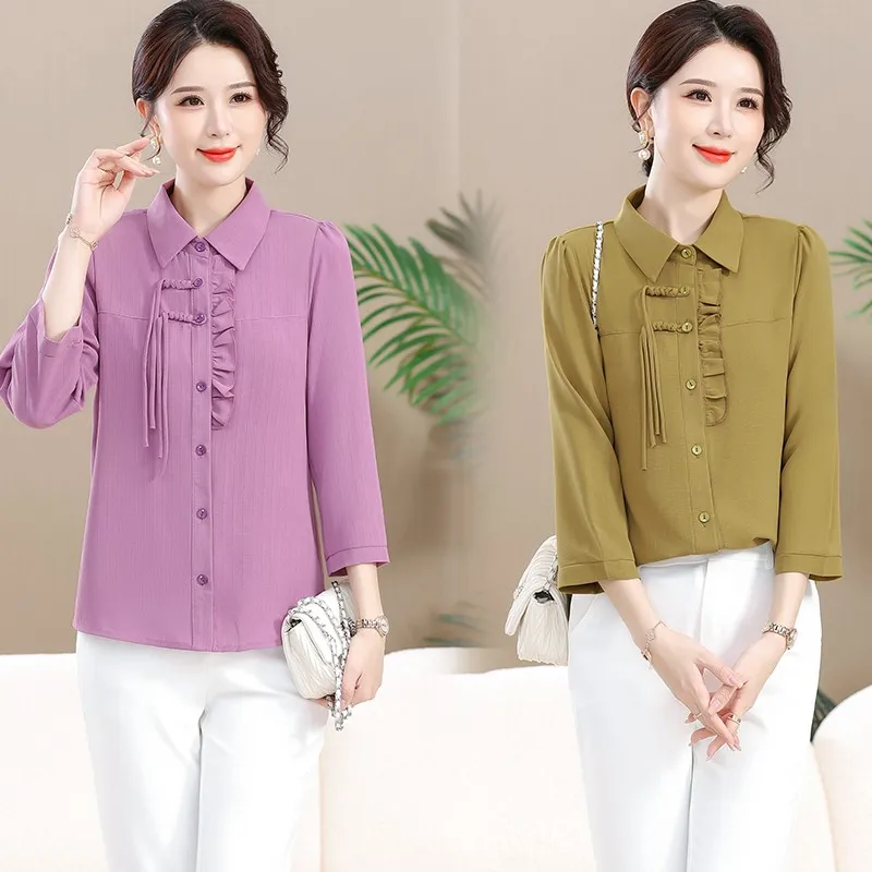 Commute Ruffles Spliced Pleated Blouse Spring Summer 3/4 Sleeve Women's Clothing Solid Button Single-breasted Loose Shirt