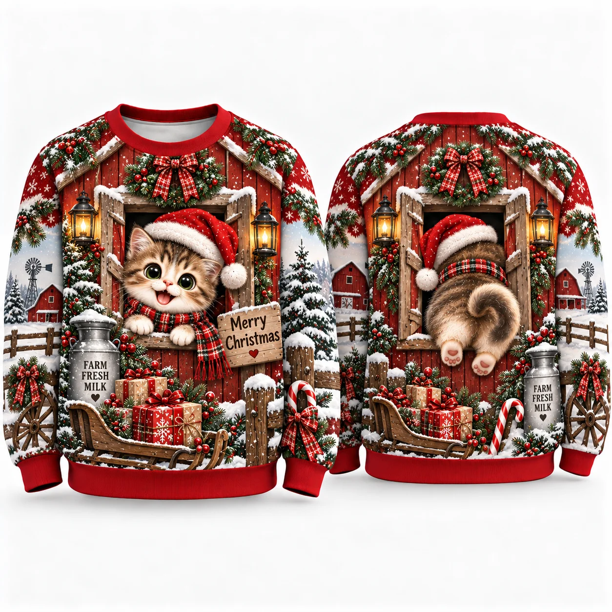 Hot Cute Kitten Ugly Christmas Sweater For Men Women, Snowy Holiday Sweaters With Santa Cat Winter Party Gift