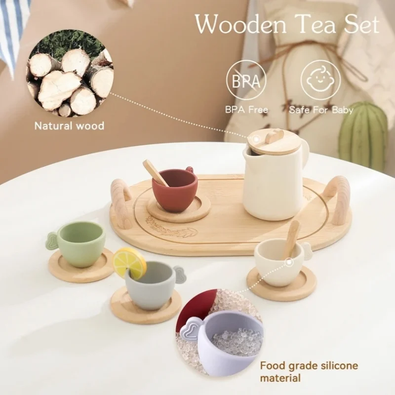 Children's silicone play house toys creative tea set set wooden coaster simulation teapot spoon baby educational toy