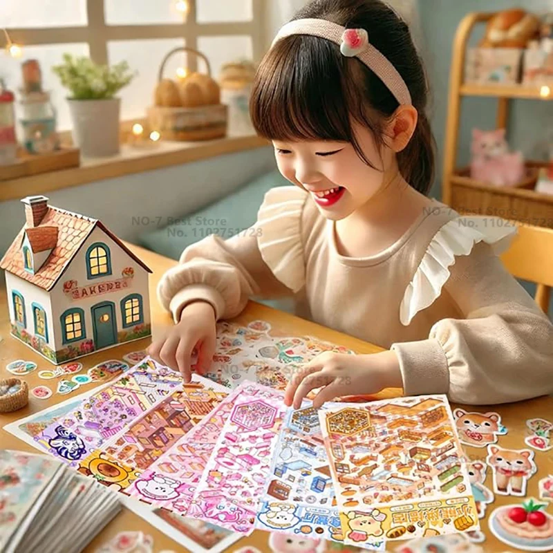45pcs DIY 3D Miniature Scene Cabin Cartoon Landscape Sticker Book W/ Random Color Tweezers Kids Back to School Gift Set