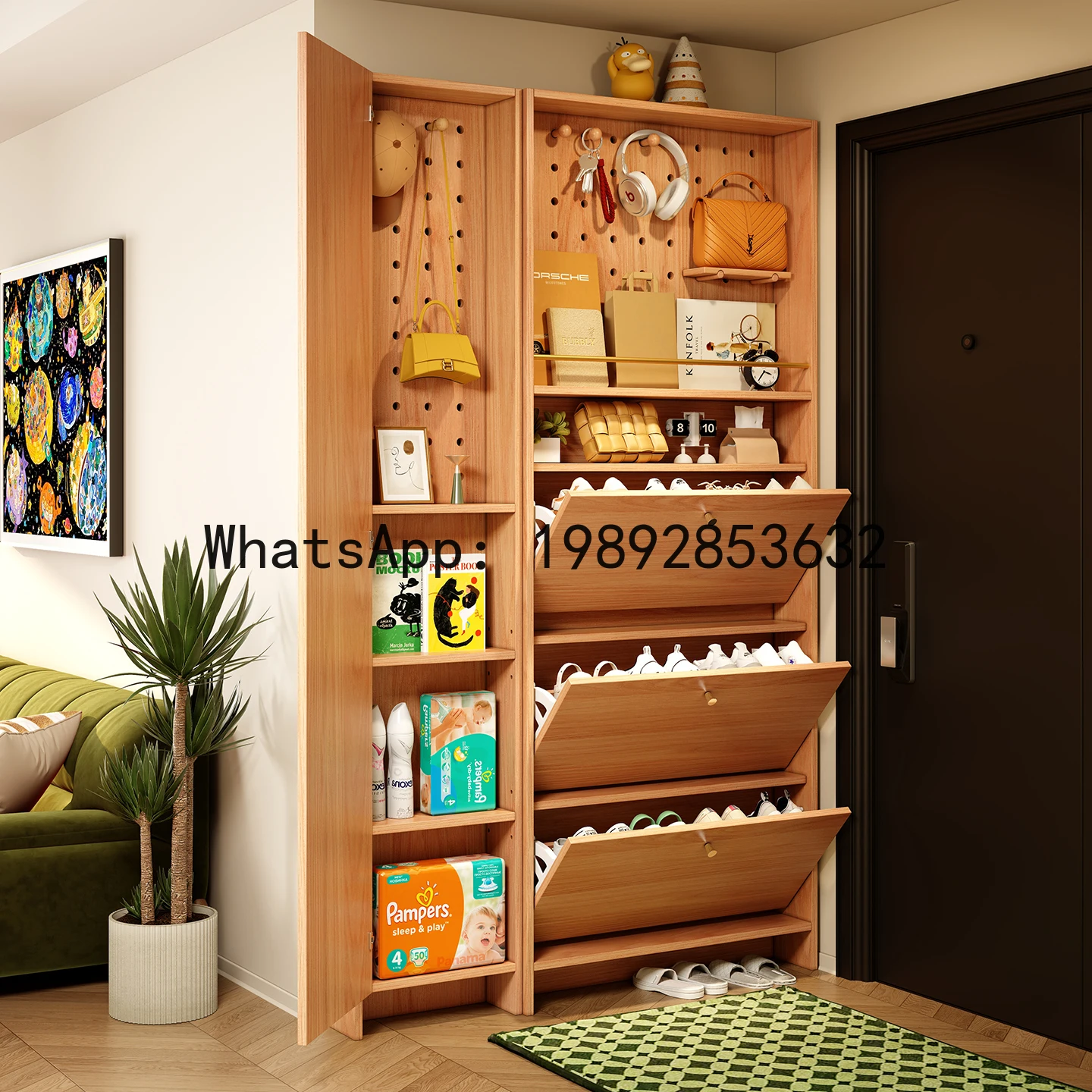 YFY Solid Wood Entryway Slim Shoe Cabinet Integrated Wall-Mounted Ultra-Thin Flip    Home Doorway Pegboard Dressing Mirror