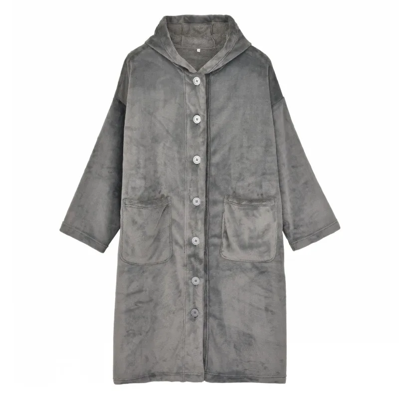 Spring Autumn Women Warm Fleece Robe Ladies Soft Bathrobe Female Long Sleeve Dressing Gown Hoodie Robes Simple Home Clothes