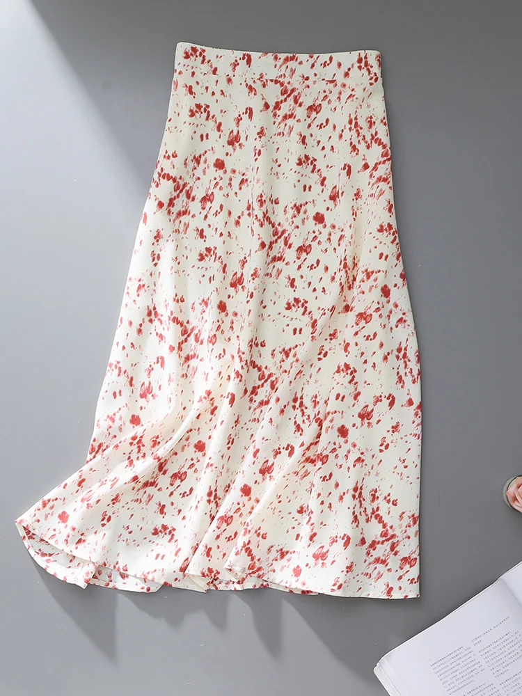 핑크 플로럴 프린트 하이웨이스트 A라인 미디 스커트 여성 여름 신상 슬레 길이 스커트 출퇴근 예술적 슬레 미디 스커트