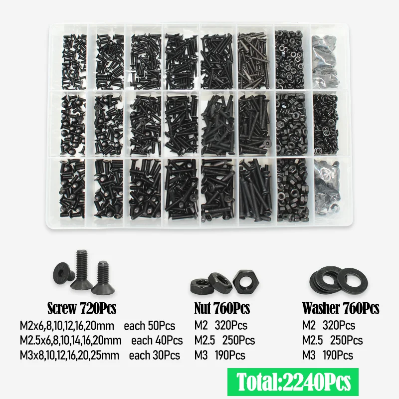 2520/Set schwarze Flachkopf-Innensechskantschrauben, Senkkopfschrauben, Muttern-Set, M2, M2,5, M3, M4, M5, M6, M8, legierter Stahl der Güteklasse 10,9, DIN 7991 – Detail 9