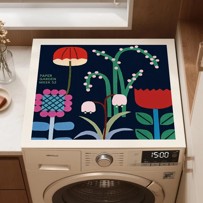 VIKAMA Retro Geometric Floral Washing Machine Top Mat Dark Blue Base Color Block Print Waterproof Anti Dust Laundry Dryer Pad