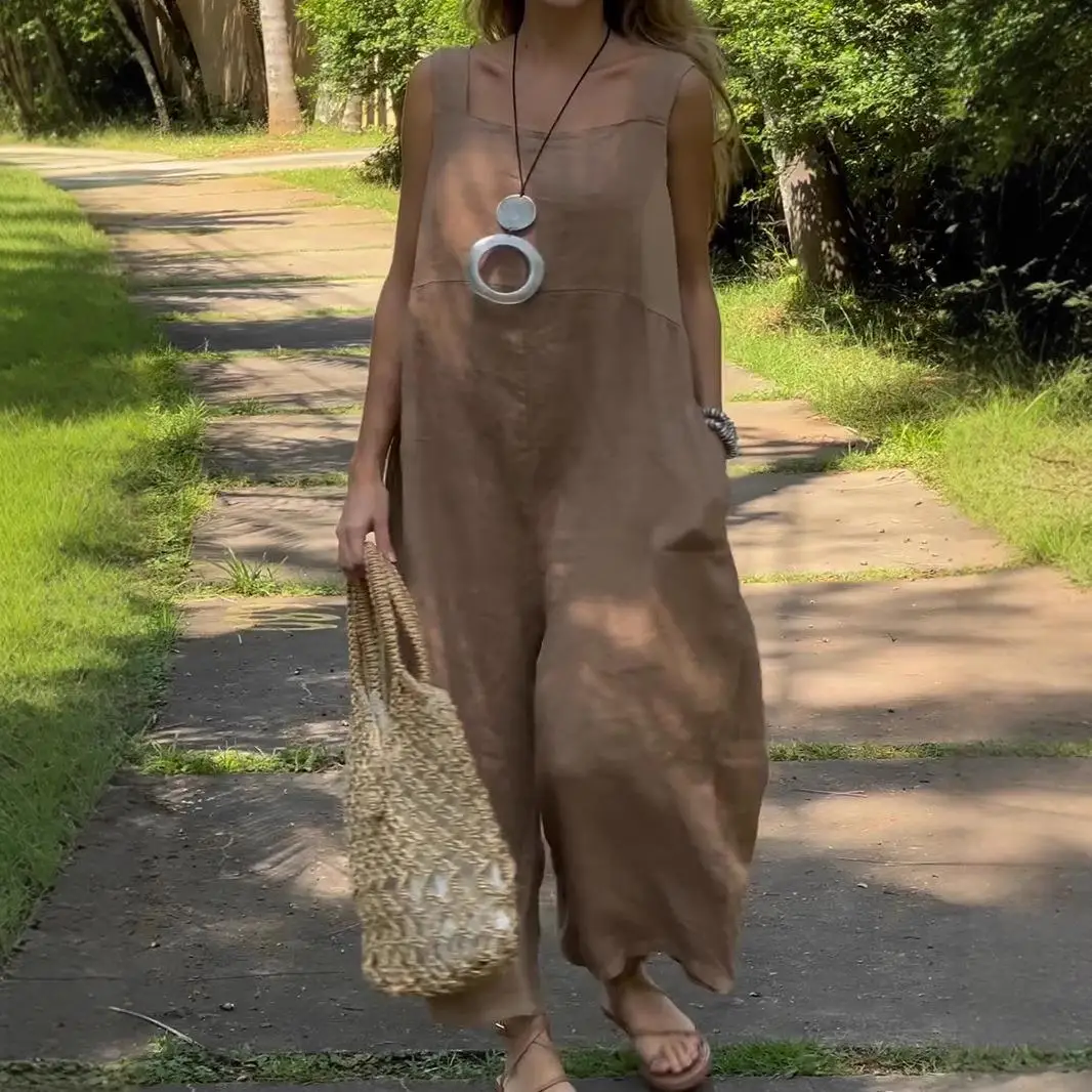 

Women's Cotton Linen Overalls One-Piece Jumpsuits Straight Leg Mid-Waist Seven/Nine-Piece Pants Polyester Fabric Spring 2025