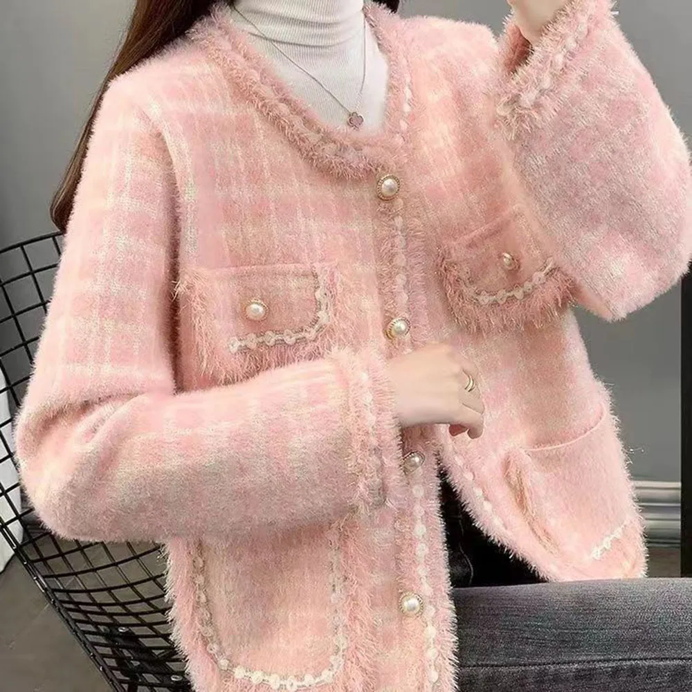 2025 Moda Nuovo Maglione Sueter Feminino Stile Coreano Casual Cardigan da Donna Girocollo Plaid Nappa Donna Autunno Inverno Cappotto