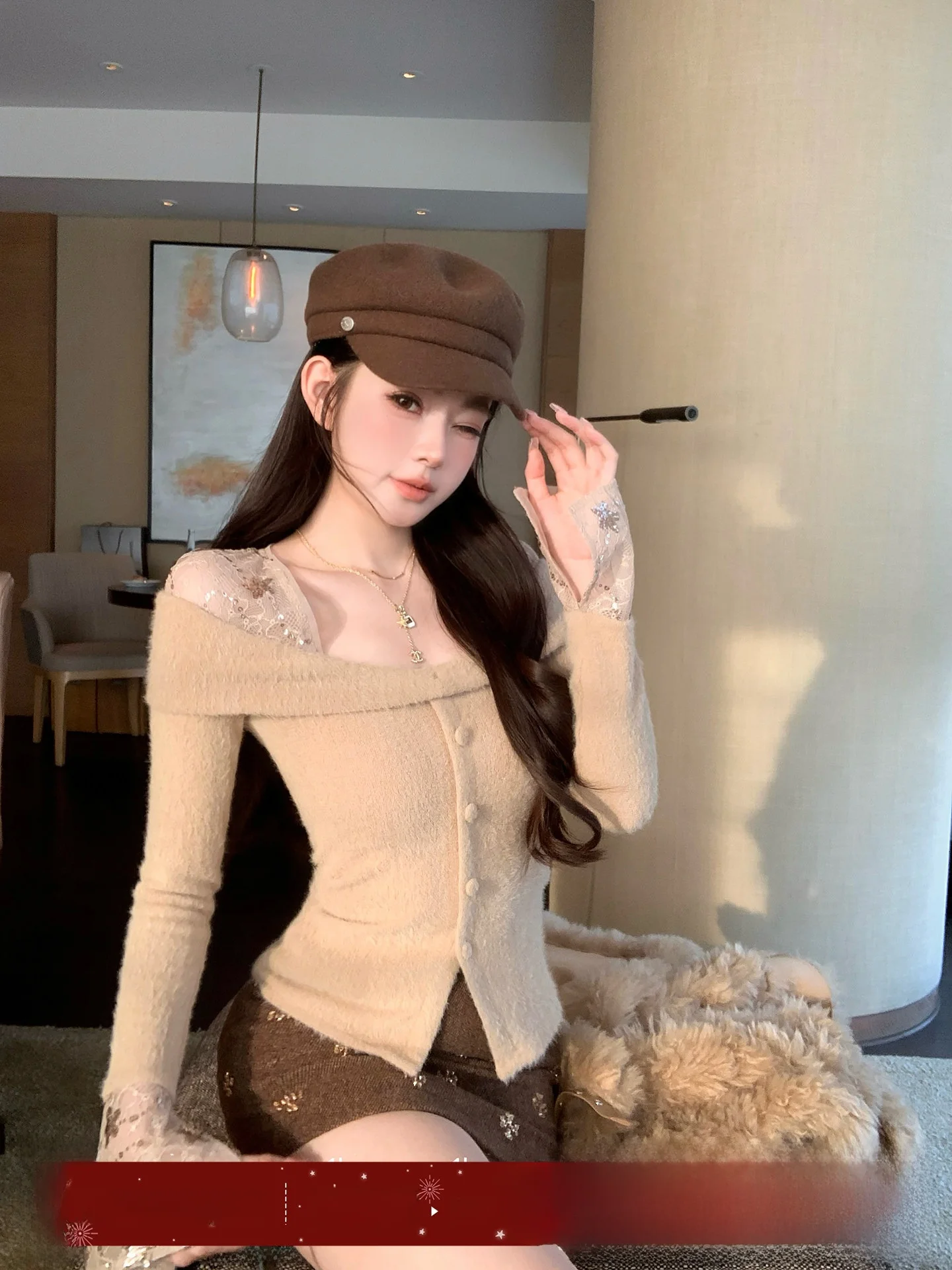 

Soft Long Sve Knitted Lace Patchwork Square Collar Women's Autumn Winter Slimming Plump Sle Faionable Top for Teens