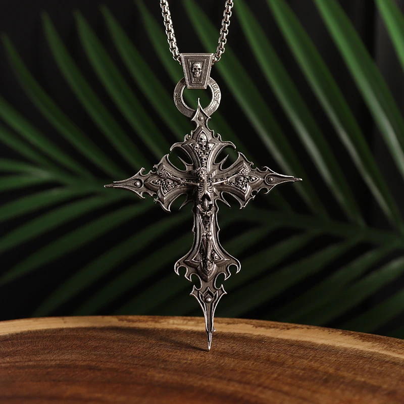 Vintage Gothic Skull Jesus Cross Pendant Necklace Catholic Jewelry for Men Punk Religious Amulet Necklace