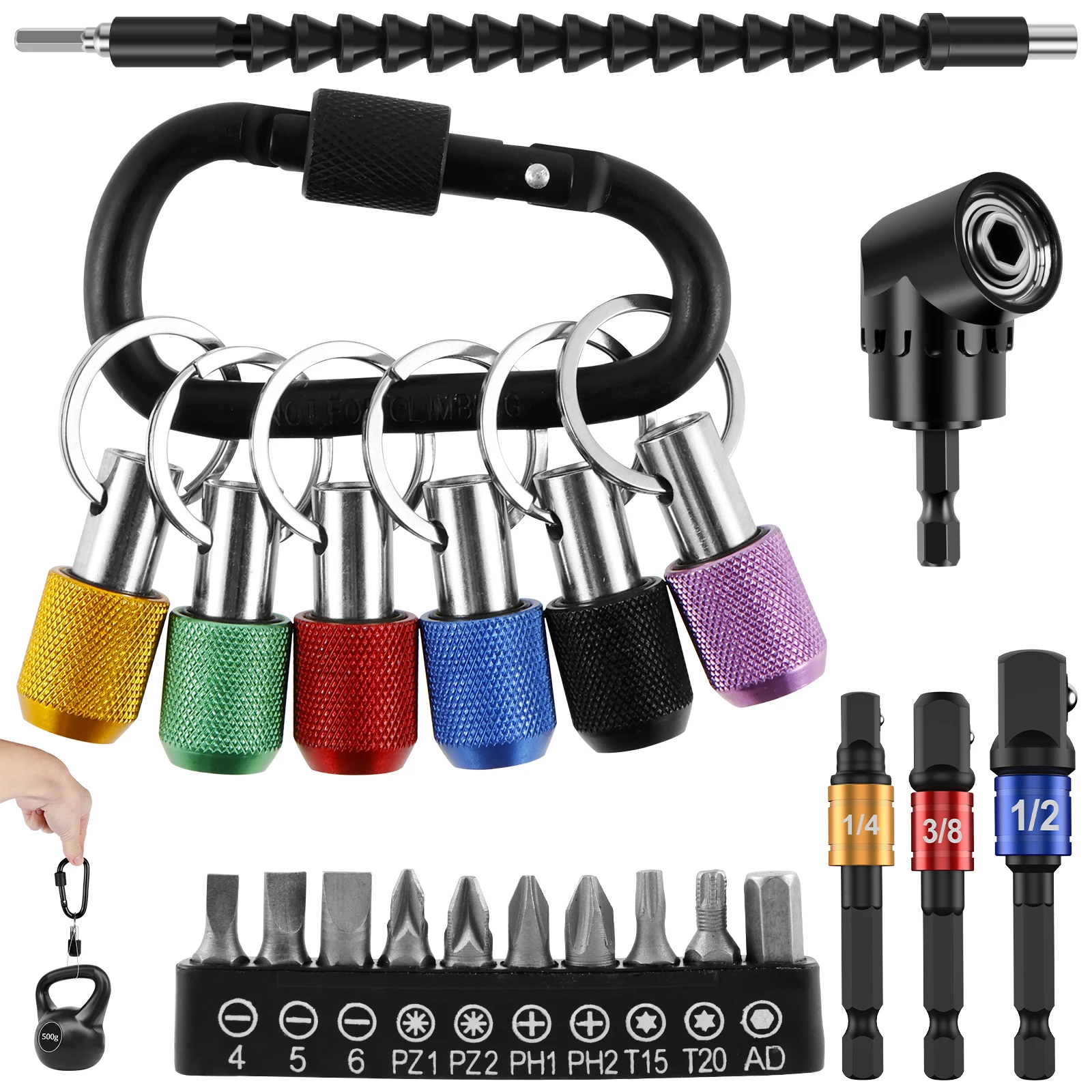 

6Pcs 1/4 Inch Hex Shank Screwdriver Bit Holder Universal Bit Holder Keychain with Flexible Drill Bit Extension 105°Right Angle