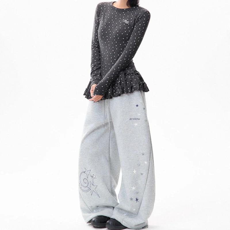 American Star Print Fleece-Lined Women's Casual Pants Winter New Design Loose Slimming Versatile Wide-Leg Long Trousers Ladies