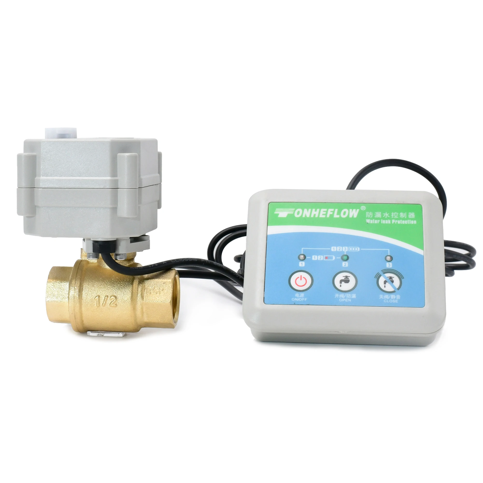W22 Battery Powered Water Leak Detector with Shut Off Brass BALL Valve Whole House Leak Protection DN15 DN20 DN25 DN32