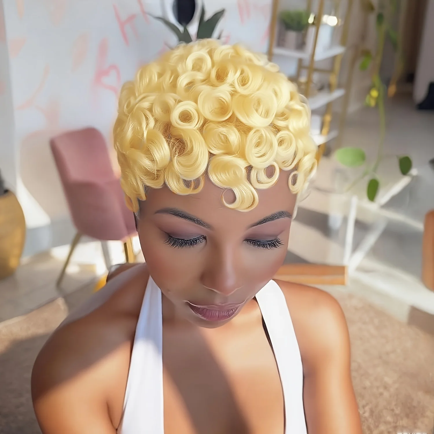 613 Blonde Pixie Cut Wig Human Hair Bob Cut Natural Look Machine Made Wig Easy Application Everyday Special Occasion Wig