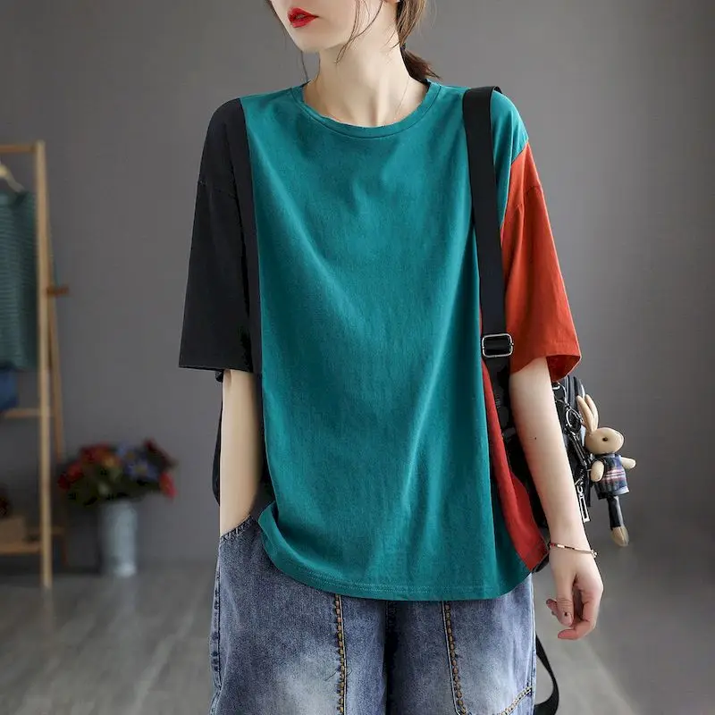 

100% Cotton T Shirt Women Fashion Literary Style Oversized T-shirt Casual Loose Short Sleeve Tops Summer Trend Patchwork Tshirt