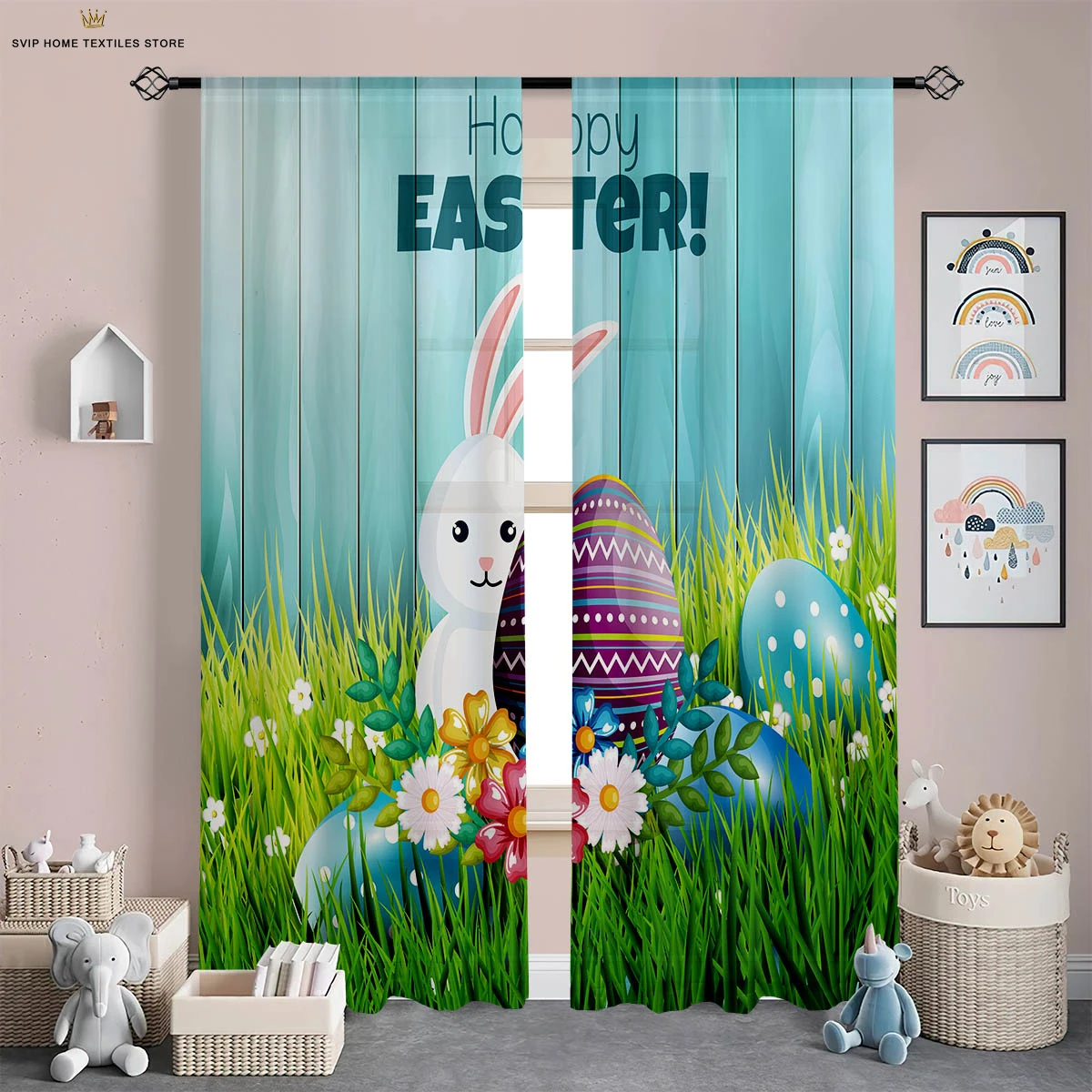 2 Pieces Easter Bunny Colorful Egg Cartoon Printed Curtains Bedroom Living Room Dining Room Holiday Decorative Curtains