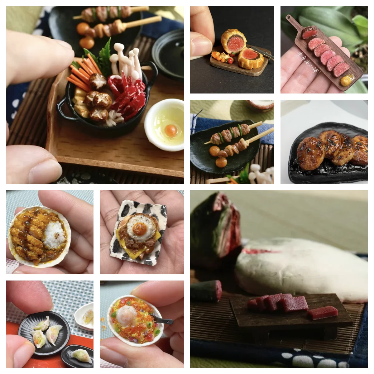 

Japanese Miniature Food Handmade for Dollhouse, Realistic Tiny Sukiyaki Hot Pot, Steak Meal, Curry Rice, Takoyaki, Tempura Decor