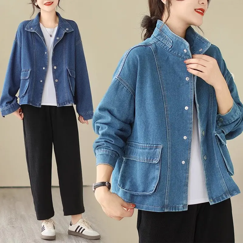 

Women's Autumn Jacket Commuter Casual Loose Soft 3D Pocket Light Blue Denim Coat Korean Stand Collar Fashion Jeans Jaqueta Z2815