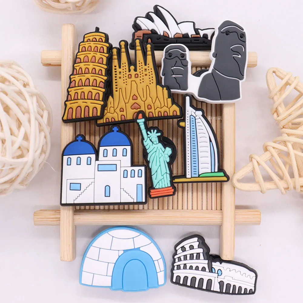 Hot Sale 1-9pcs PVC Shoe Charms Famous Architecture Cast Statue Accessories Sandal Shoes Decoration For Kids X-mas Gift