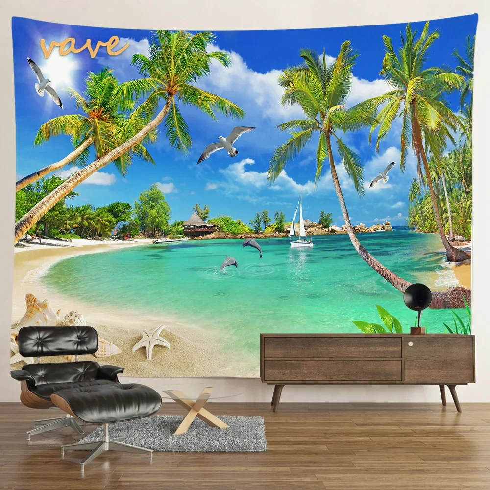 Landscape Palm Tree Beach Sunset Tapestry Wall Hanging Boho Printed Cloth Fabric Large Tapestry Aesthetic Interior Dorm Decor