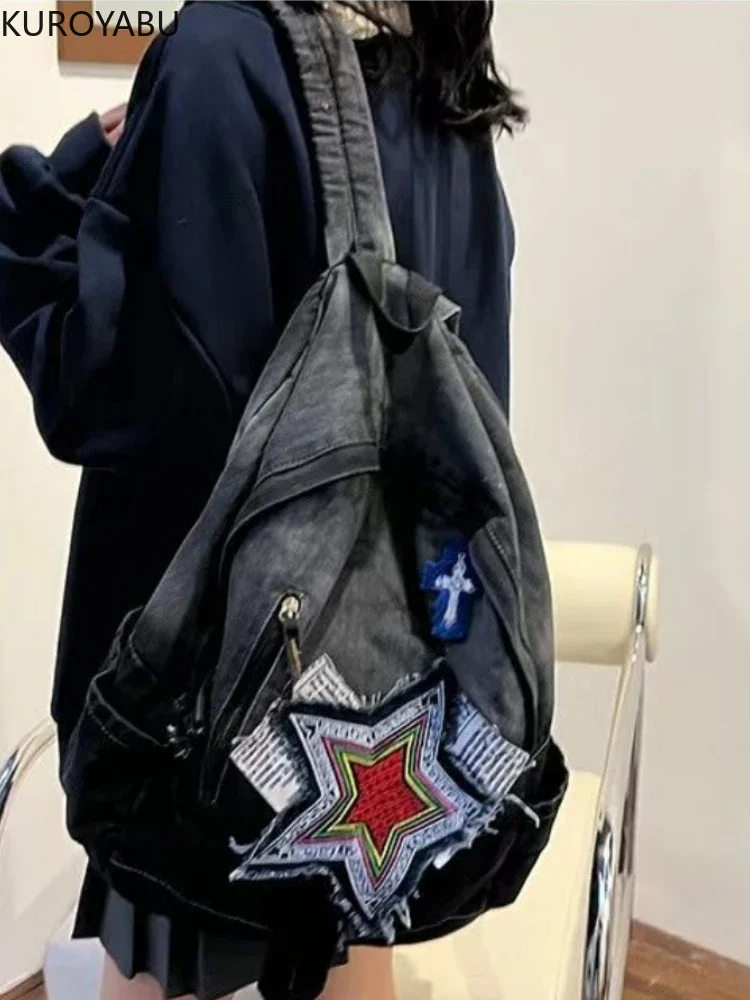 Harajuku Y2k borse da donna Vintage Gradient Blue Denim Star zaini studente universitario Bookbag di grande capacità 2023 zaini Chic