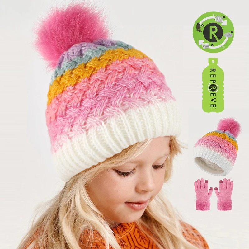 الشتاء الأطفال لطيف وحلو محبوك كرة صوف اللون التدرج المخملية السفر في الهواء الطلق قبعة تدفئة قفازات قطعتين مجموعة قبعة #1