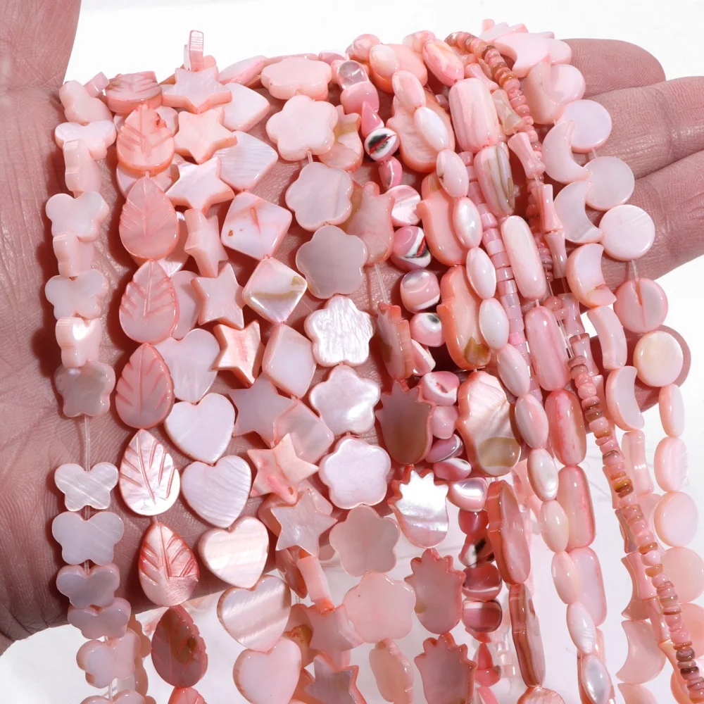 Natural Pink Mother of Pearl Shell Beads Heart Star Round Dyed Shell Bead Freshwater Shell Beads for Jewelry Making DIY 15\