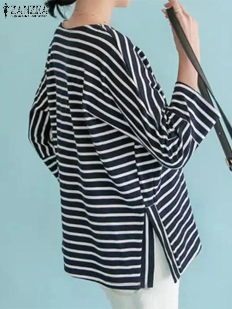 ZANZEA Women Casual Stripes Blouse Korean Loose 3/4 Sleeve Tops Shirt 2024 Fashion Round Neck Tunics Harajuku Split Hem Blusas