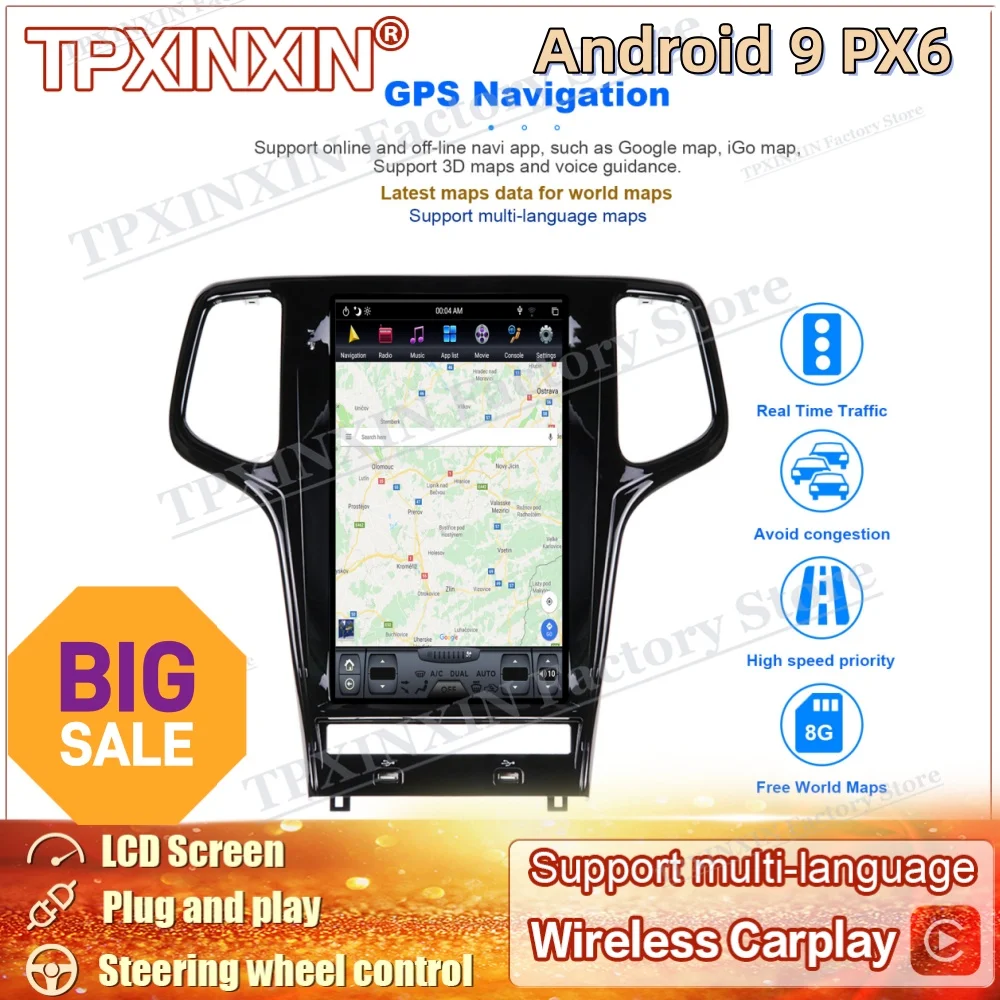 13.6 Inch PX6 Android 9 Multimedia For Jeep Grand Cherokee 2010~2019 GPS Navigation Audio Radio Stereo Receiver Player Head Unit