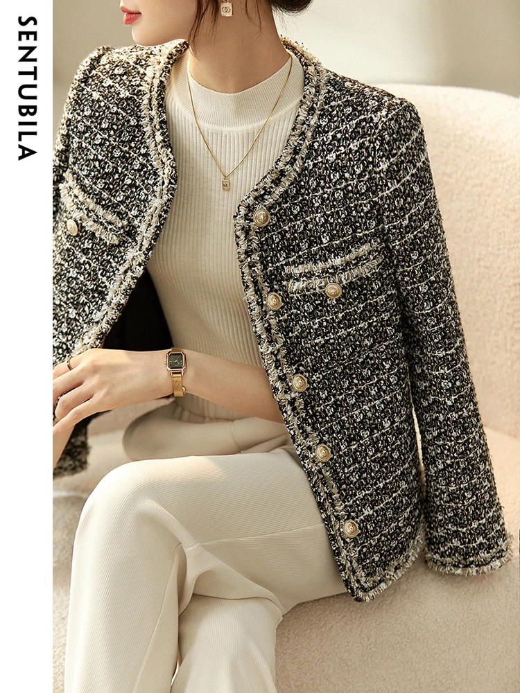 SENTUBILA Texture Tweed Jackets for Women 2024 Spring Elegant Fashion Long Sleeve Single Breasted Short Coats Ladies Outwears