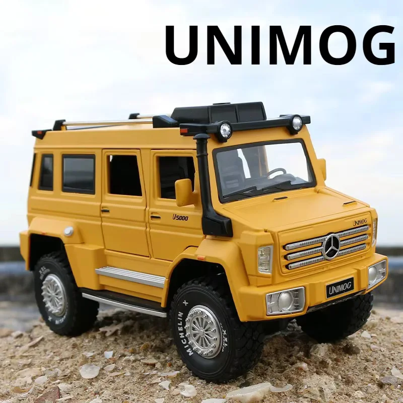 1:28 Unimog U5000 Car Toy Miniature Models Alloy Diecast Sound Light Off-road Wheel Pull Back Vehicle Special Birthday Gifts