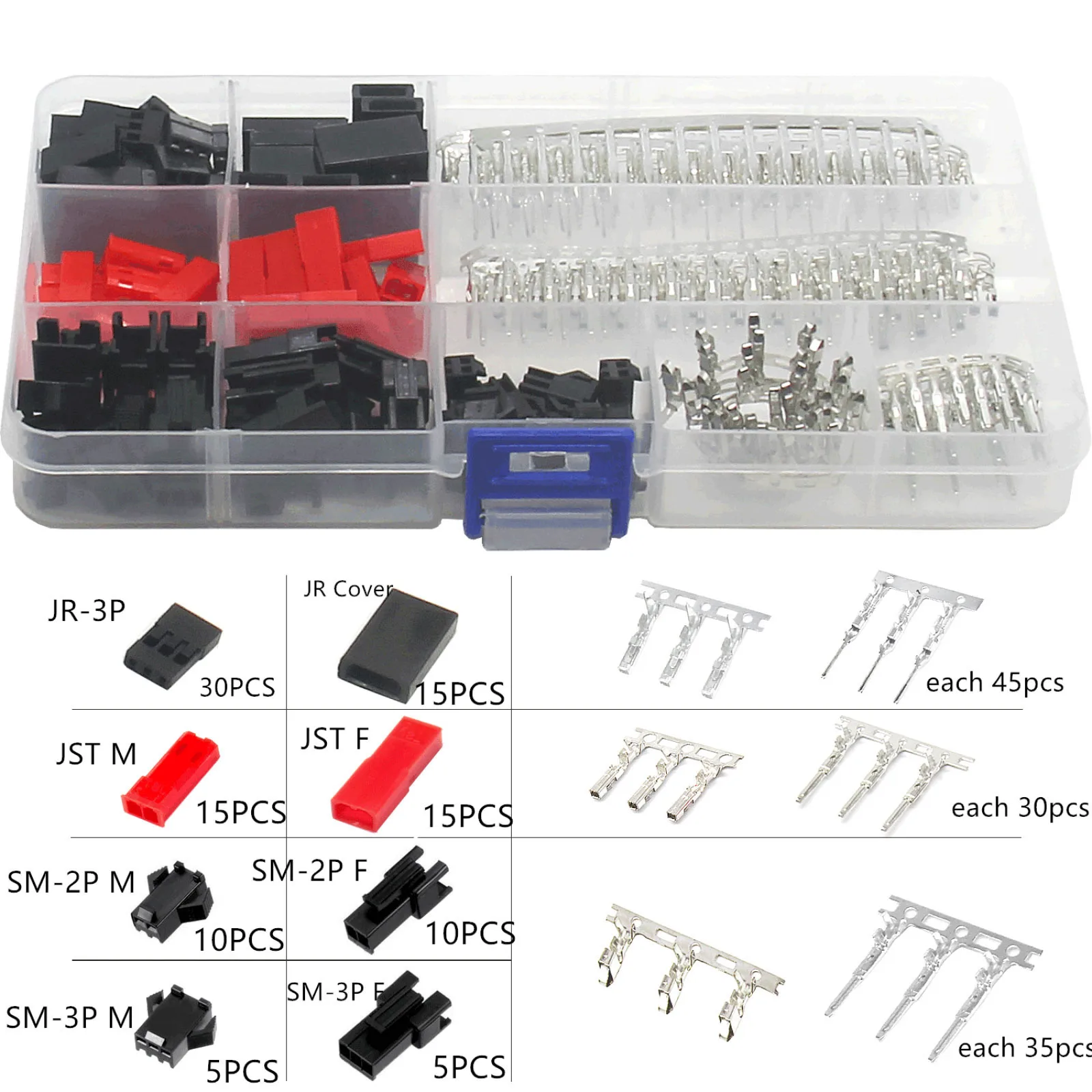 105PCS Servo Plug Connector JR-3P JR JST SM-2P SM-3P Assorted Box Connector Crimp Pin Wire Servo Plug Set For RC Car Boat