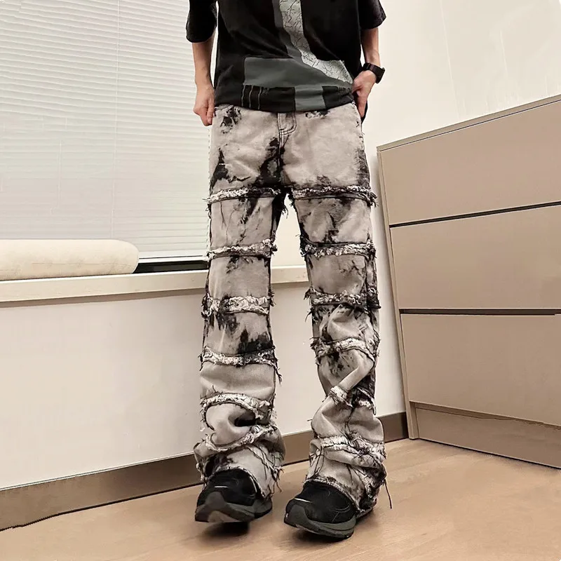 2023 Kanye Tie Dye Cyber Y2K Baggy Stacked Jeans Pants For Men Clothing Straight Vintage Grey Grunge Long Trousers Ropa Hombre