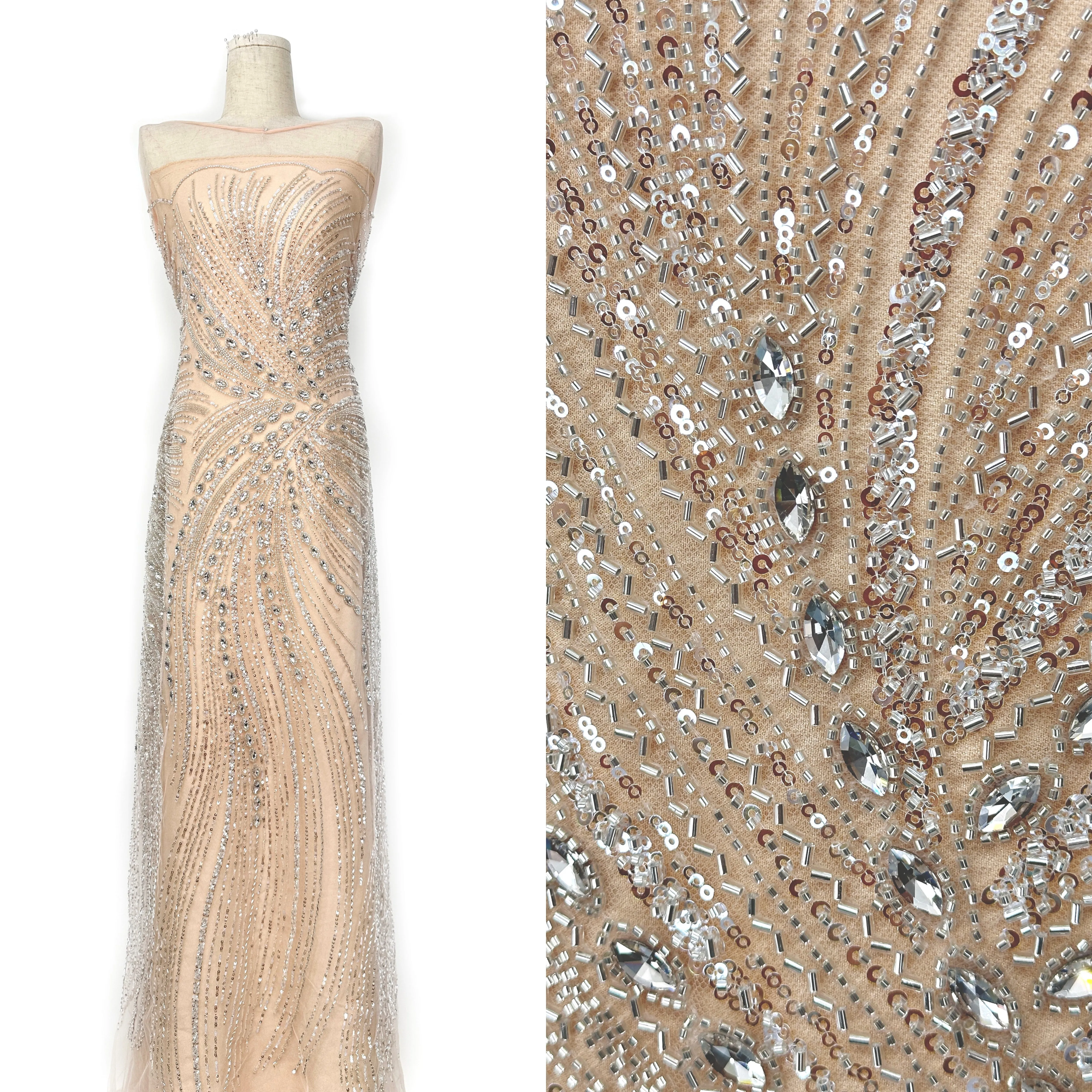 Luxury French Tulle Lace Heavy Mesh 5 Yards Handmade Beaded Rhinestone Sewing Fabric Decor French Style In-stock