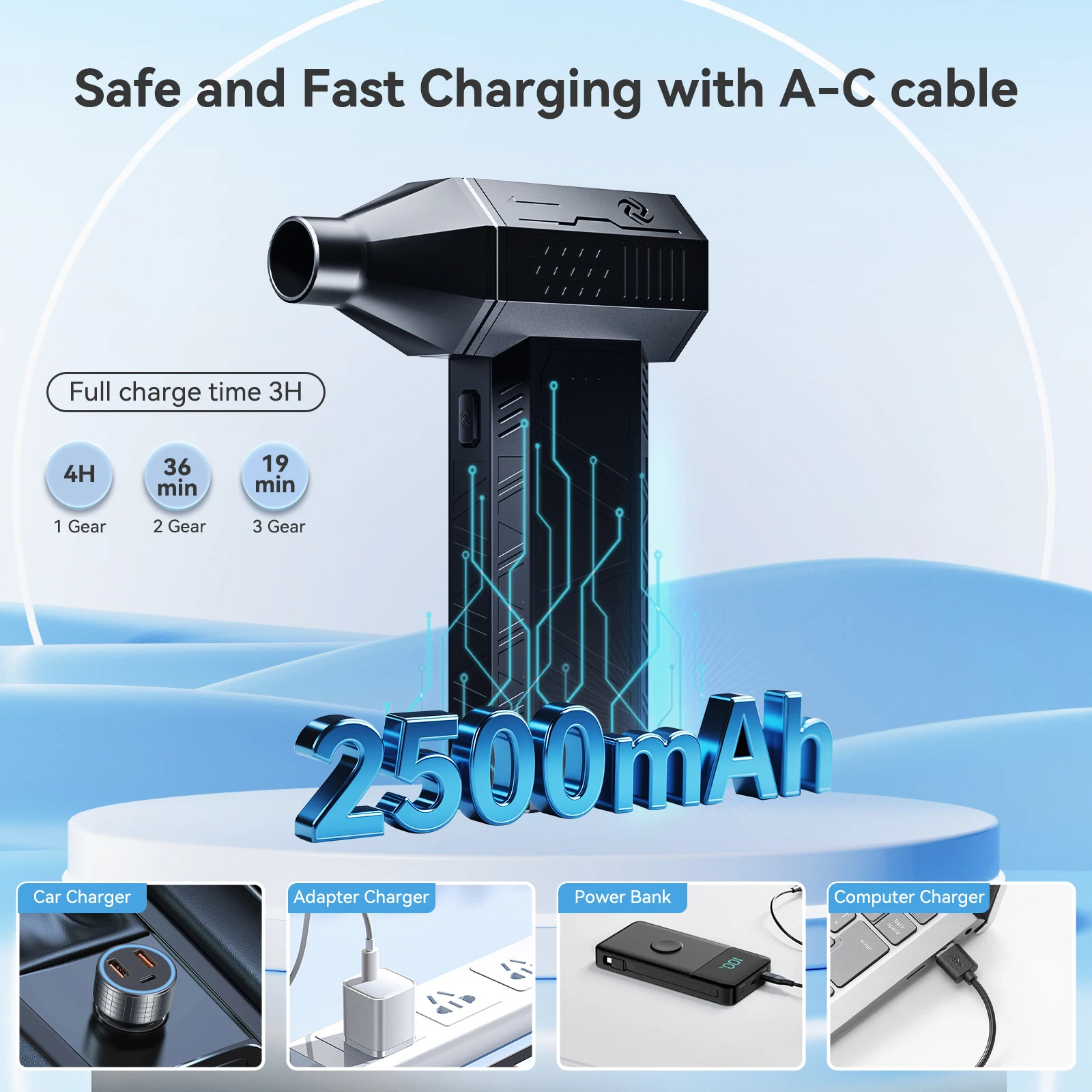 ADINKAM Brushless Motor Turbo Cooling Fan 3-Gear Adjustable High Pressure Duster with Fast Charging for Outdoor Car PC Cleaning
