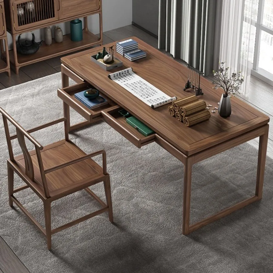 HYS new Chinese solid wood black walnut desk and chair combination modern all solid wood writing desk log calligraphy painting