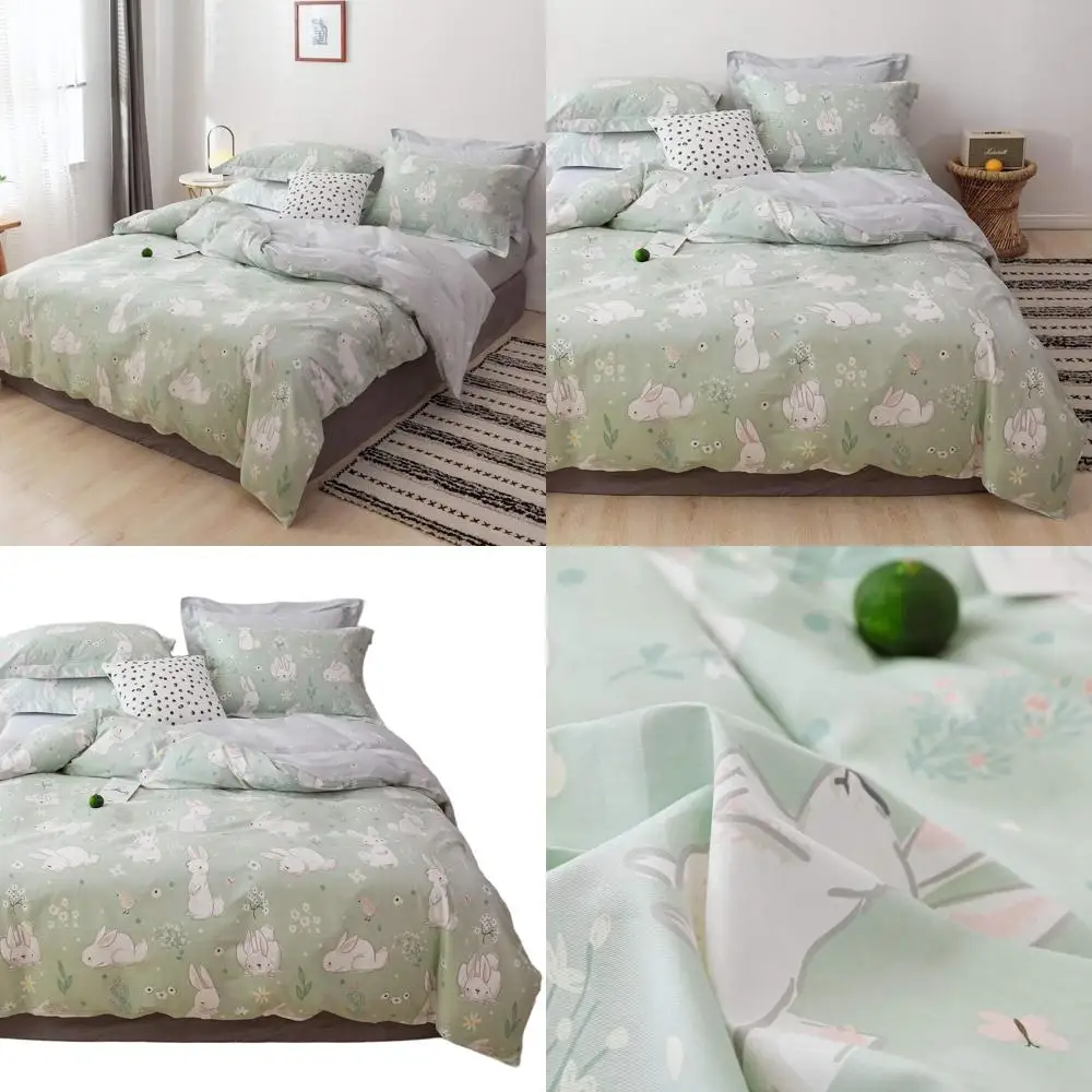 

Queen Size Cotton Rabbit Duvet Cover Set, Cute Cartoon Rabbits and Flowers on Light Green, 1 Comforter Cover + 2 Shams