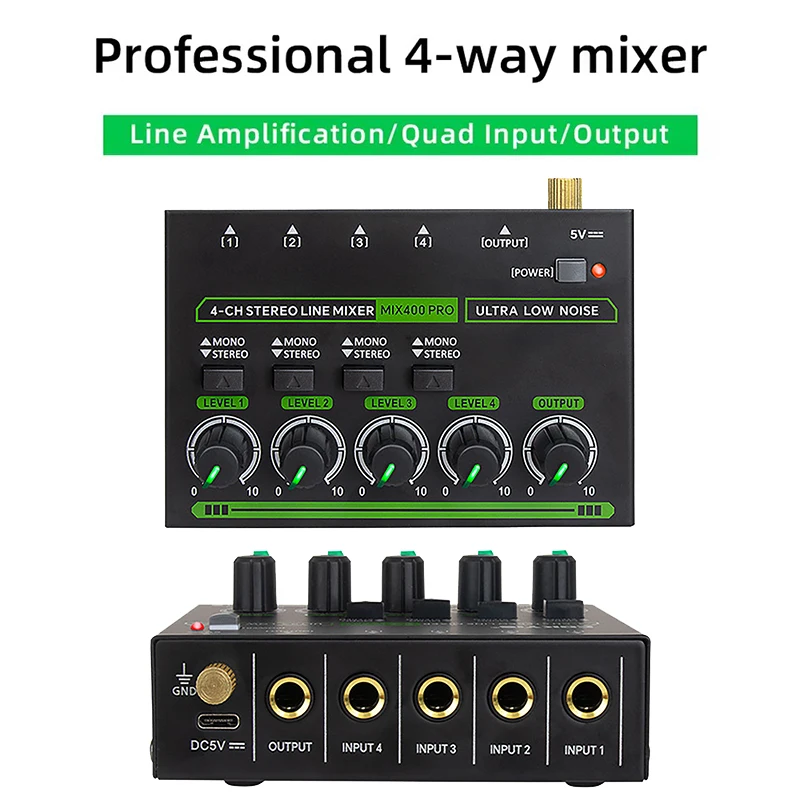 4 Channel Sound Mixer USB 5V Power Stereo Ultra Low Noise Line Mini Sound Mixer Stage Mixer Extension for Small Clubs or Bars