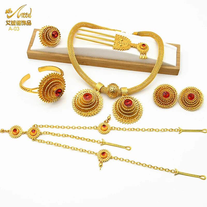 ANIID Ethiopian Gold Plated 6PCS Jewelry Set For Women Indian Red Crystal Habesha Luxury Jewellery Sets Wedding Party Gifts