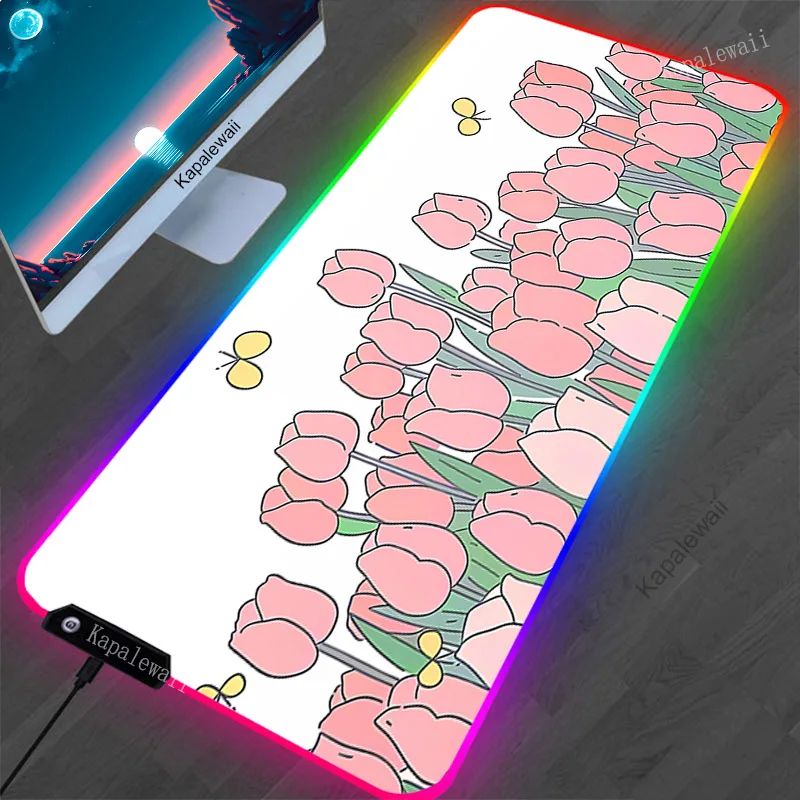 Pink Flower RGB Mouse Pad Large Kawaii Gaming Mousepad XXL Mause Mats Computer Gamer Keyboard Deskpad Backlit Mat LED Desk Mat