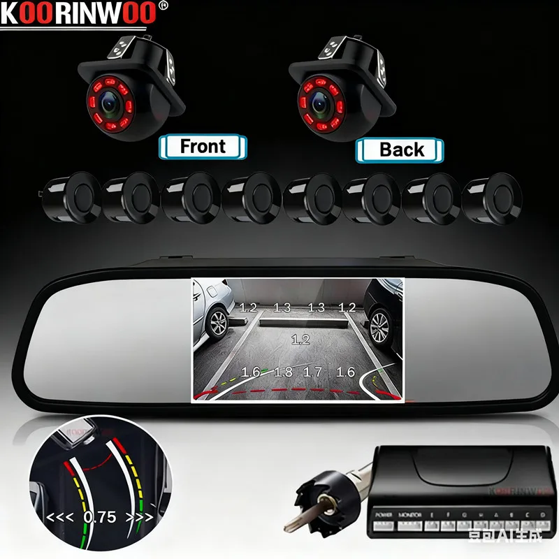 

Koorinwoo HD 5"LCD Parking sensors For Cars Buzzer system 8 Sensors Radars Detector Rear view Cameras Front Camera Rear Mirror