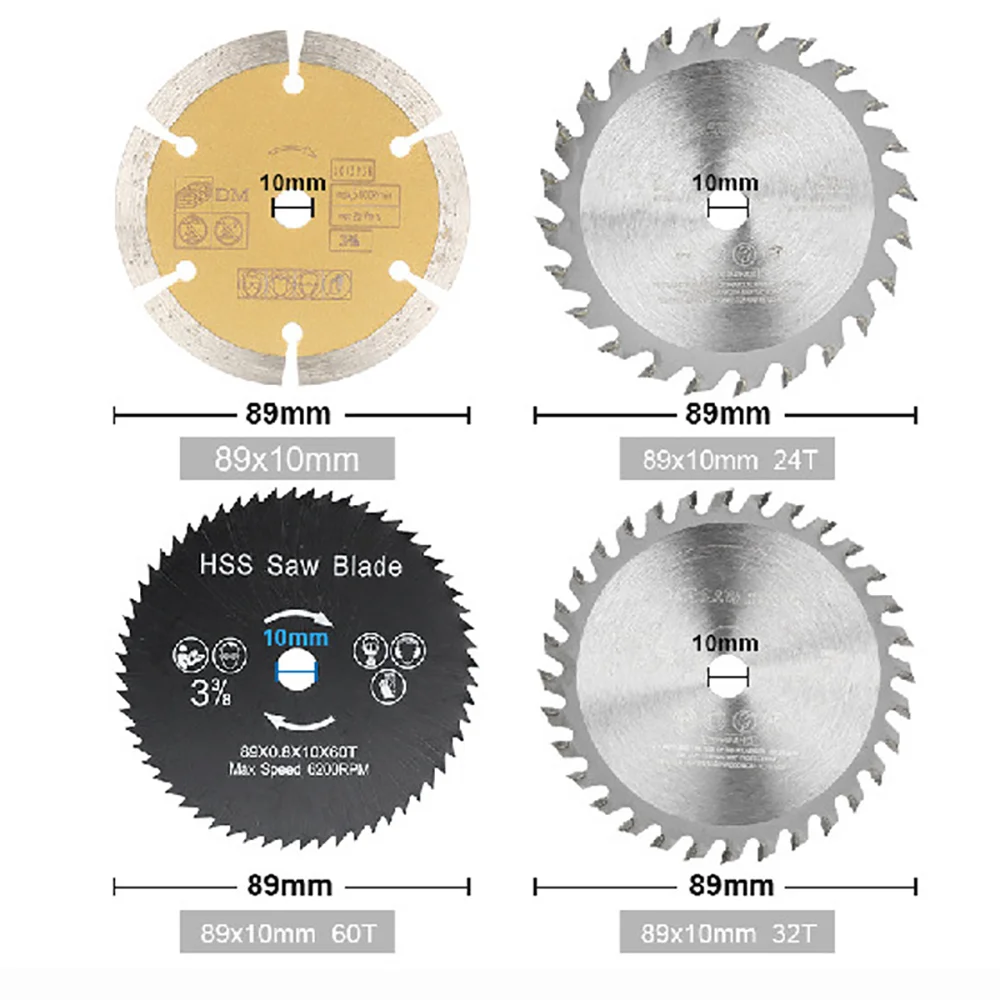 4 Uds 89mm Mini hoja de sierra Circular apertura 10mm disco de corte de molienda eléctrica de alta calidad herramienta rotativa para carpintería en el hogar DIY