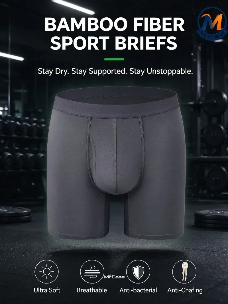 Men Bamboo Fiber Boxer Briefs Sports Long Leg Anti Chafing Breathable Big Pouch Fly Opening Underwear Moisture Wicking Soft