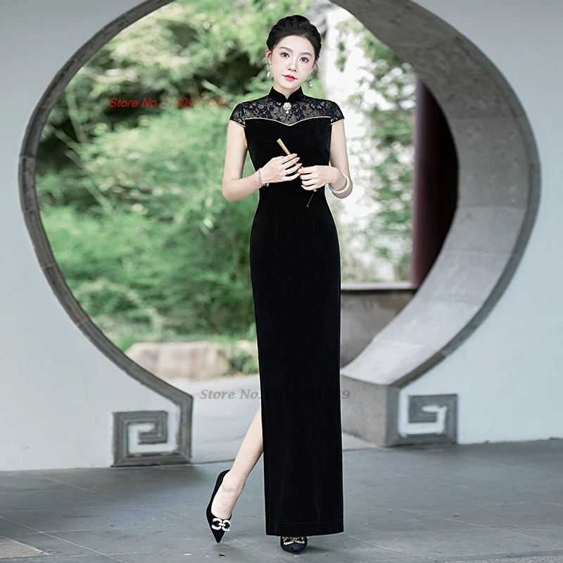 

Китайское винтажное платье 2025 года, улучшенное Ципао, ретро кружевное бархатное лоскутное платье Cheongsam, сценическое платье, банкетное вечернее платье